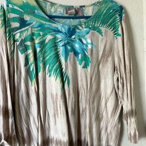 Chico's Beige Long Sleeve Scoop Neck Top with Teal Palm Print